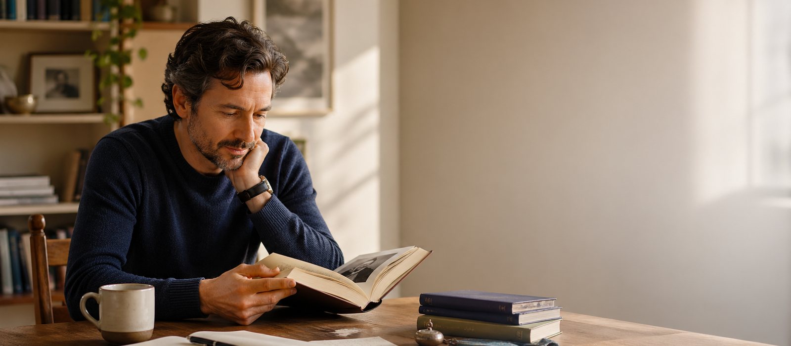 A biography and memoir reading scene with books, personal notes, and life-story details.