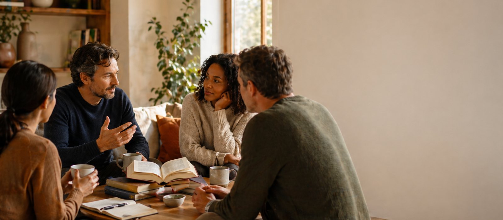 A book club reading scene with shared books, discussion notes, and a warm gathering table.