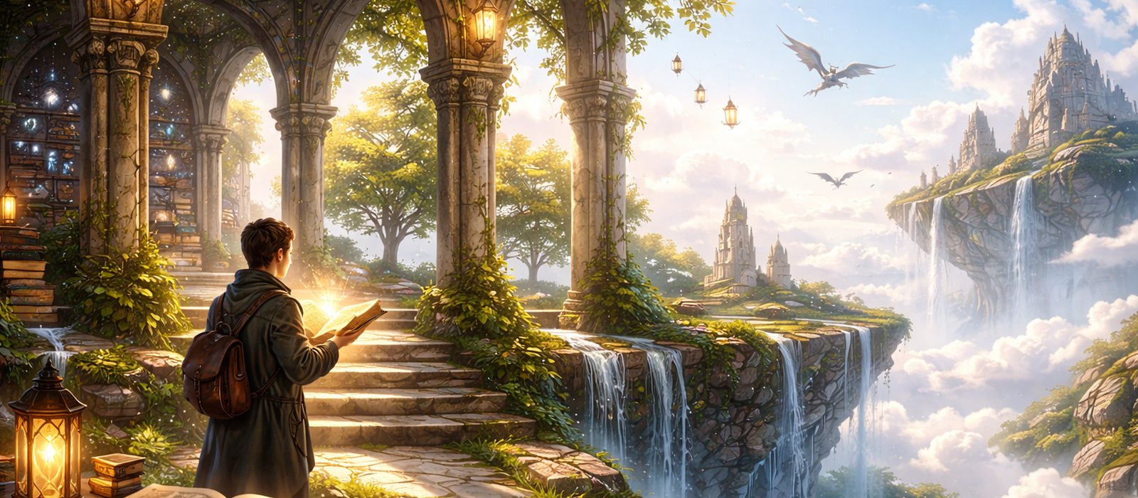 A fantasy reading scene with old stone arches, open books, floating islands, and distant dragons.