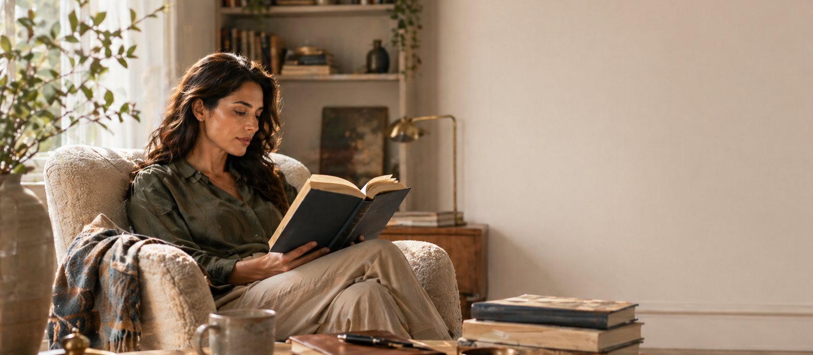 A historical fiction reading scene with books, period details, and an immersive story atmosphere.