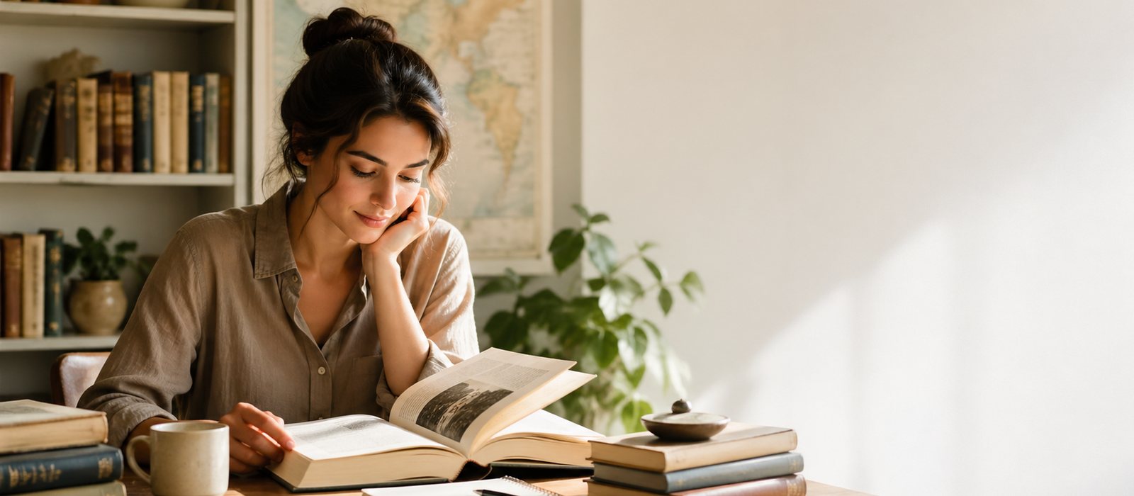 A beginner history reading scene with books, maps, notes, and approachable study details.