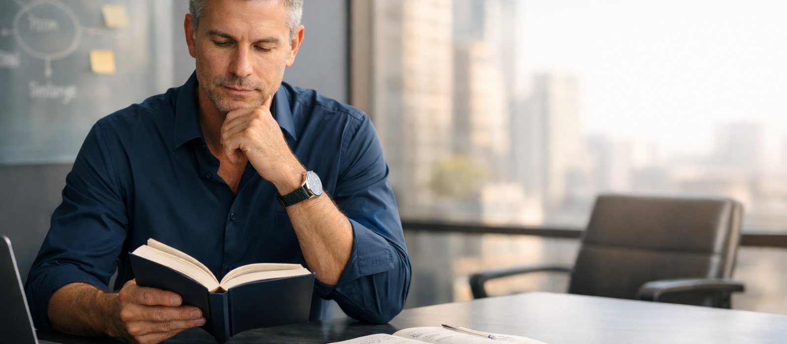 A leadership reading scene with books, strategy notes, and a thoughtful management workspace.
