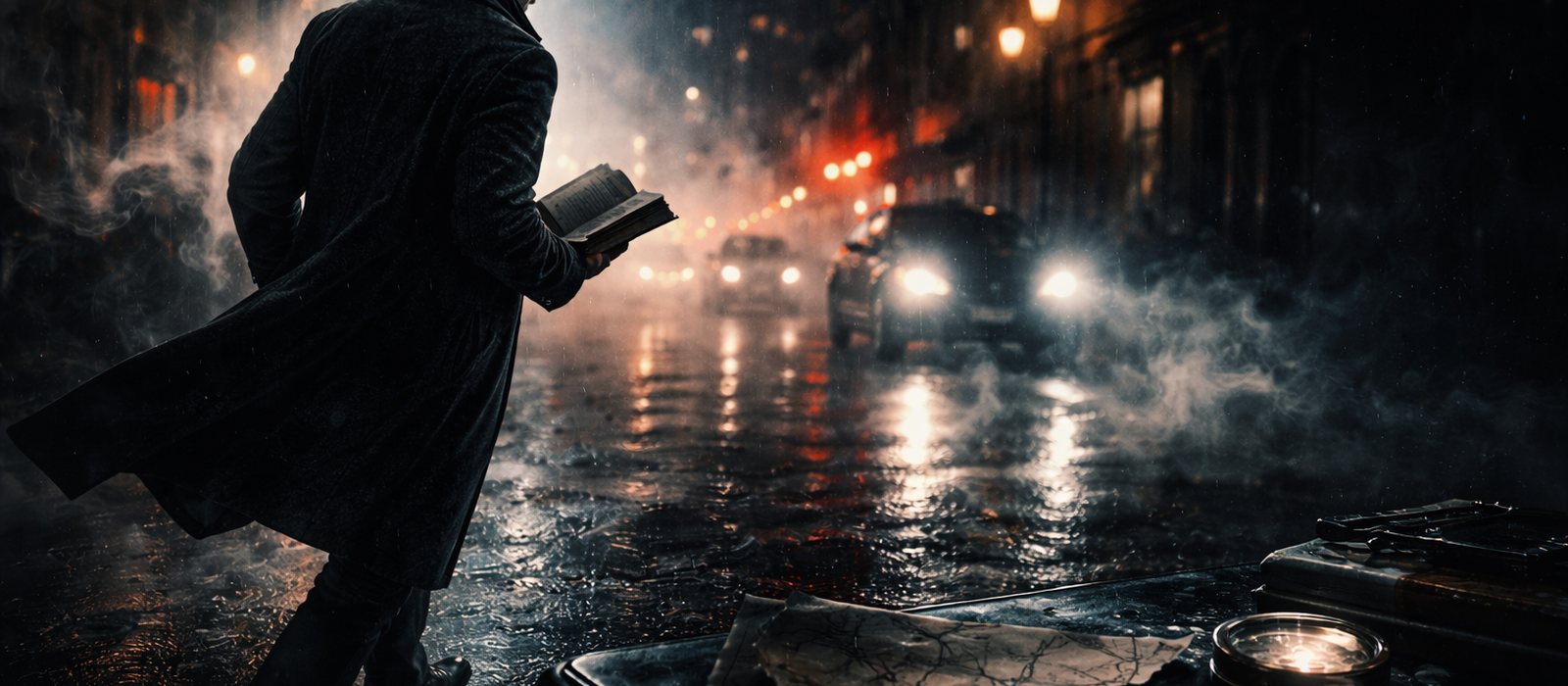 A moody mystery reading scene with books, clues, and atmospheric detective details.