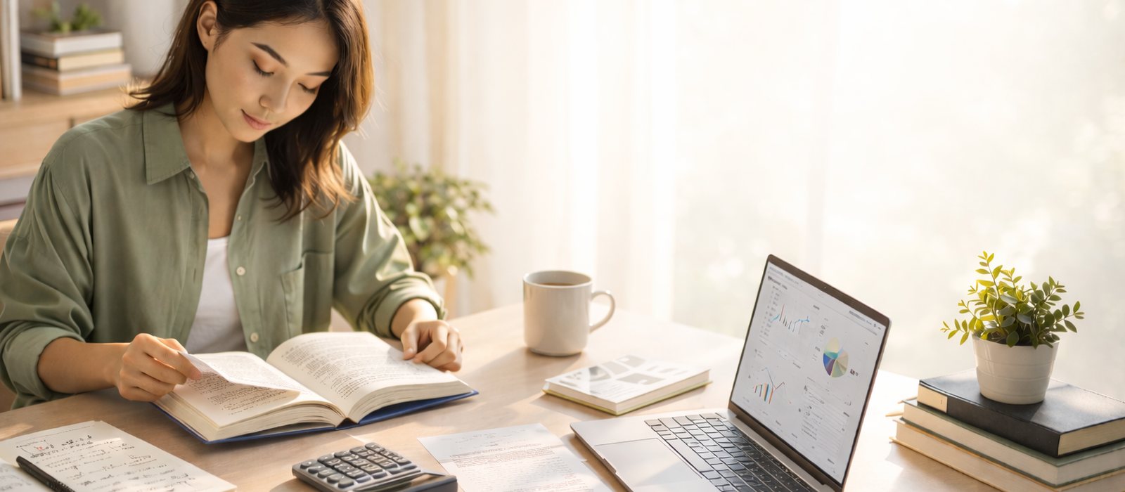 A personal finance reading scene with books, planning notes, and money-focused details.