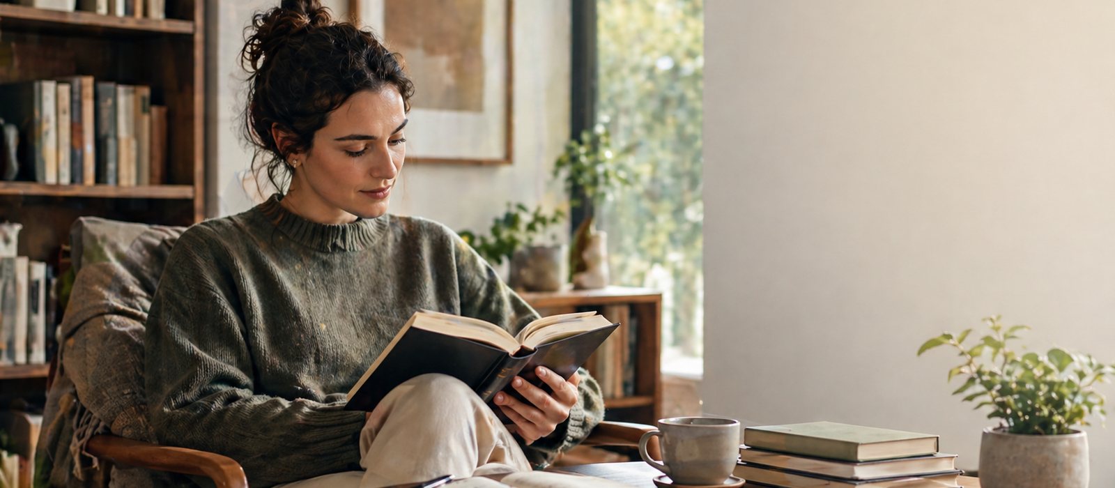A philosophy reading scene with books, reflective notes, and thoughtful study details.