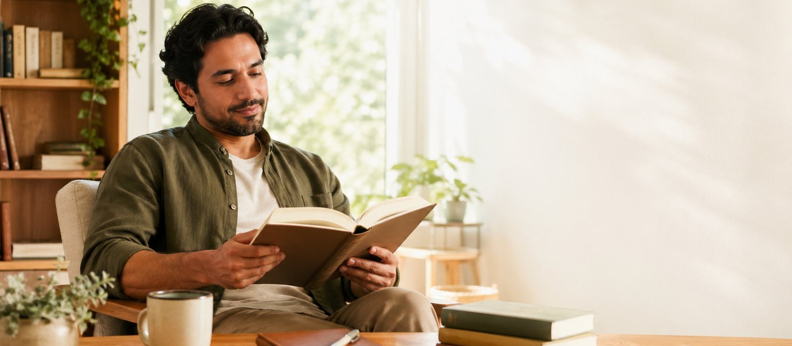 A religious and spiritual reading scene with books, soft light, and quiet reflective details.