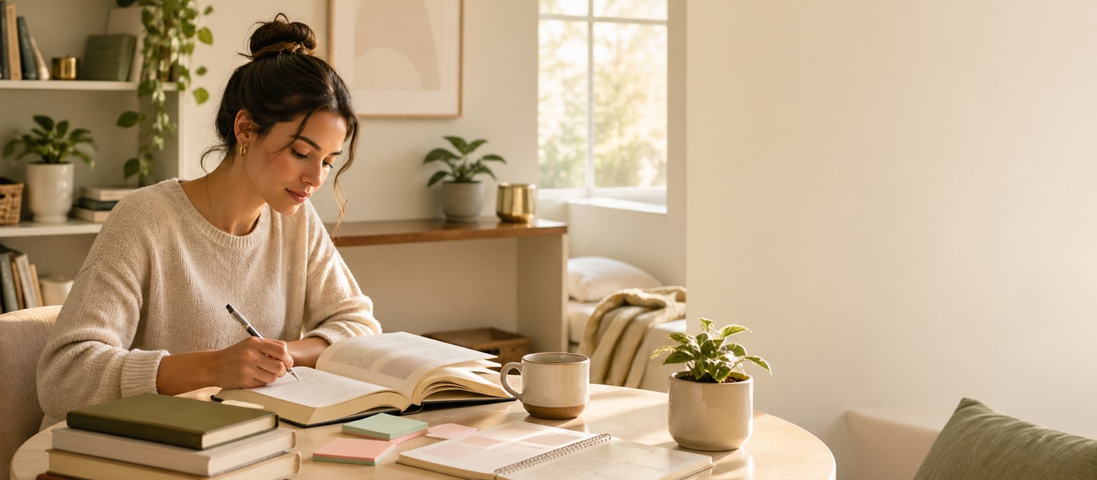 A self-improvement reading scene with books, planning notes, and practical growth details.
