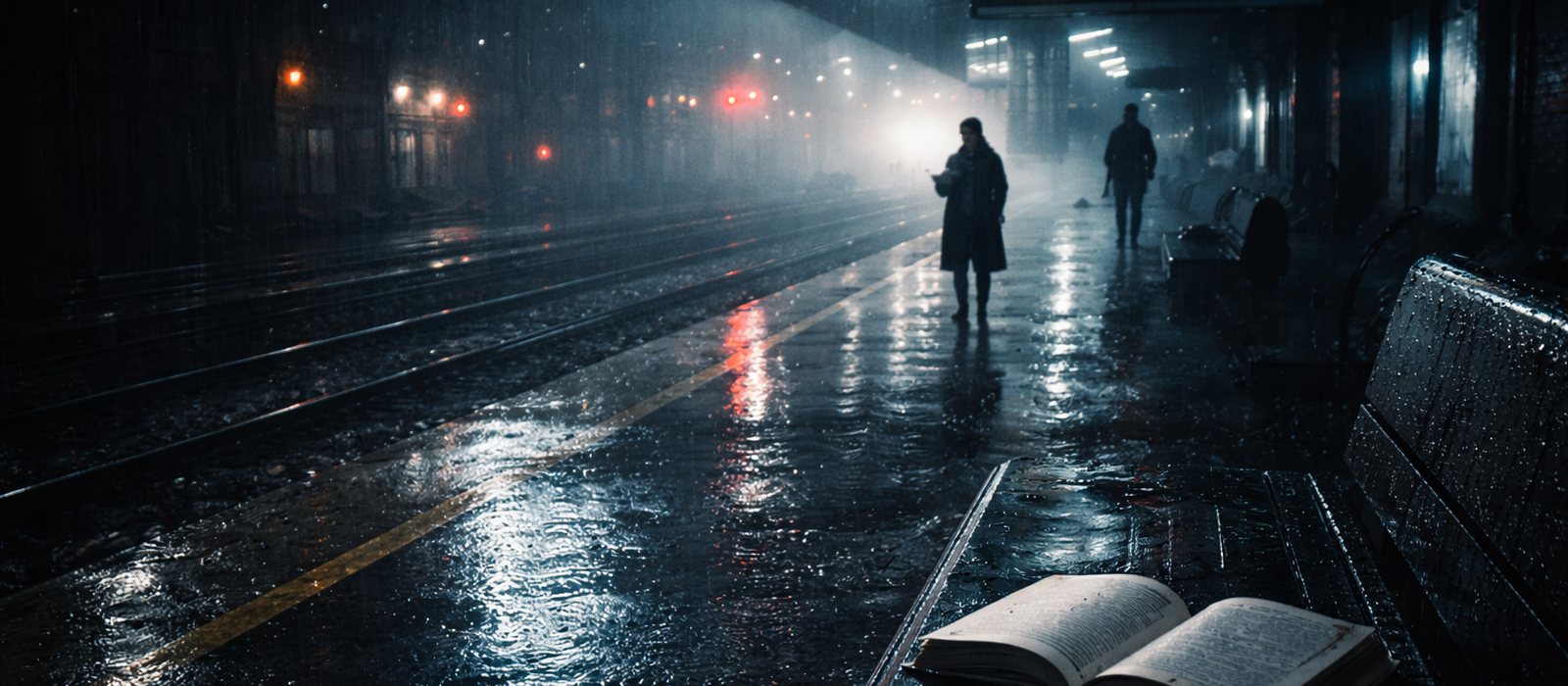 A tense thriller reading scene with shadowed books, sharp contrast, and suspenseful details.