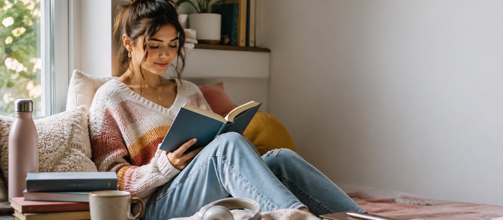 A young adult books reading scene with bold books, energetic light, and coming-of-age details.
