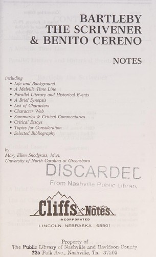 Cover image for Melville's Bartleby the Scrivener and Benito Cereno (Cliffs Notes)